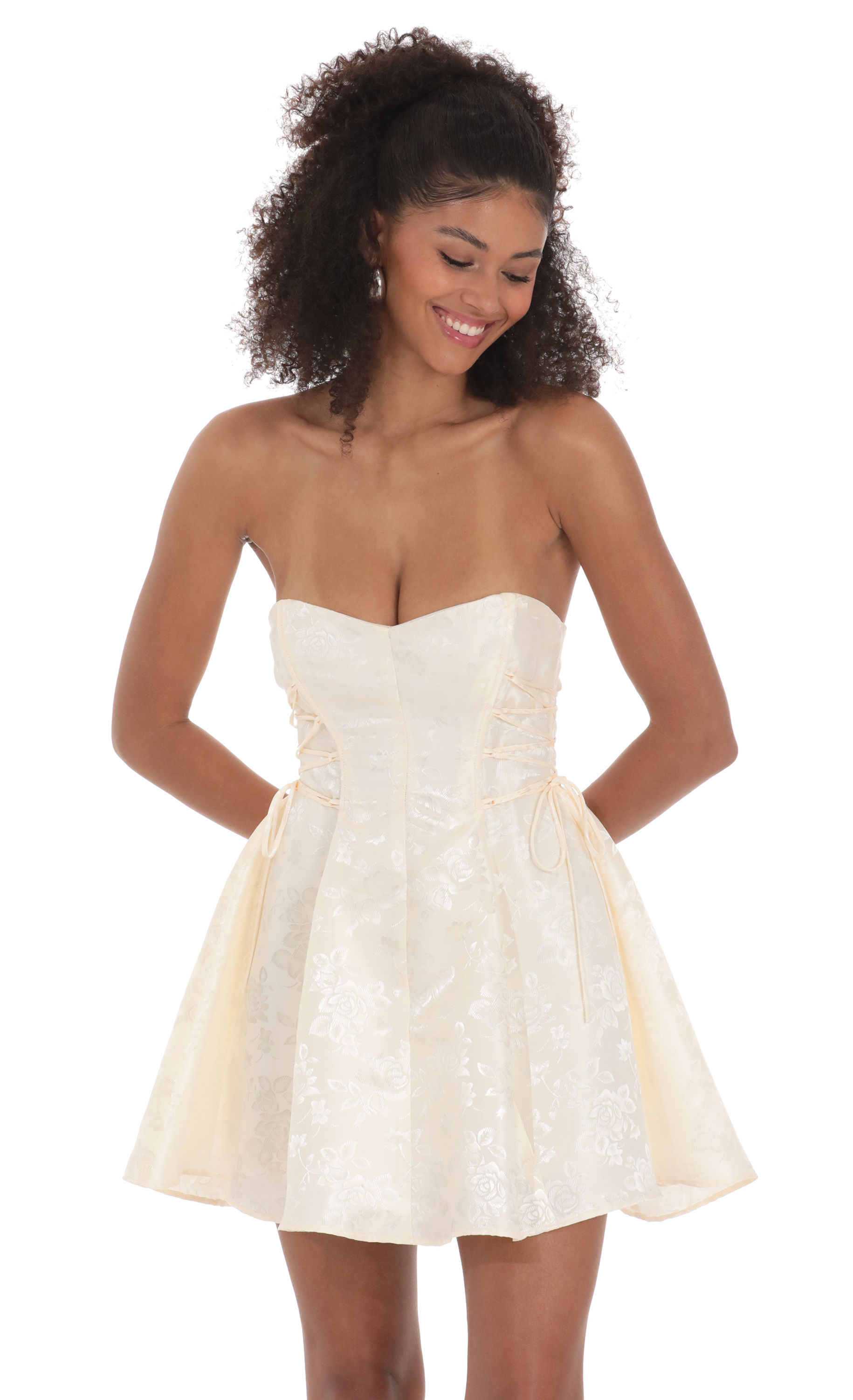Strapless Jacquard A-Line Dress in Pale Yellow