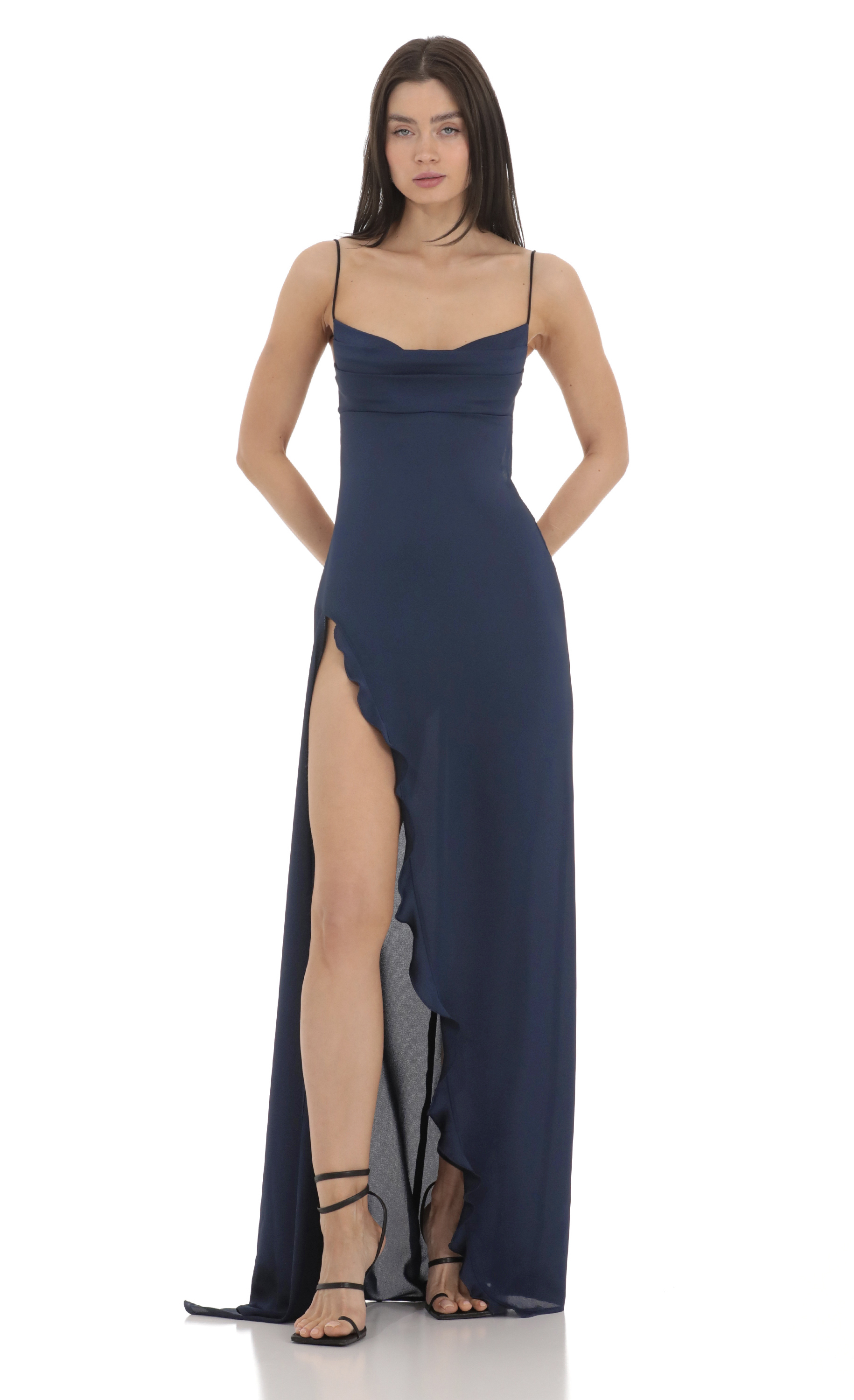 Cowl Neck Satin Open Back Maxi Dress in Navy