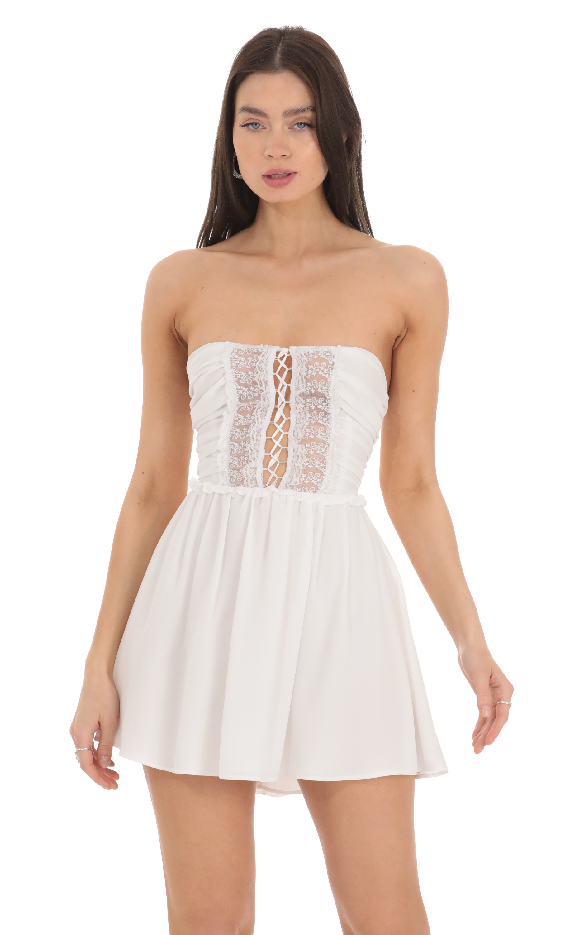 Front Lace Chiffon Strapless Dress in White