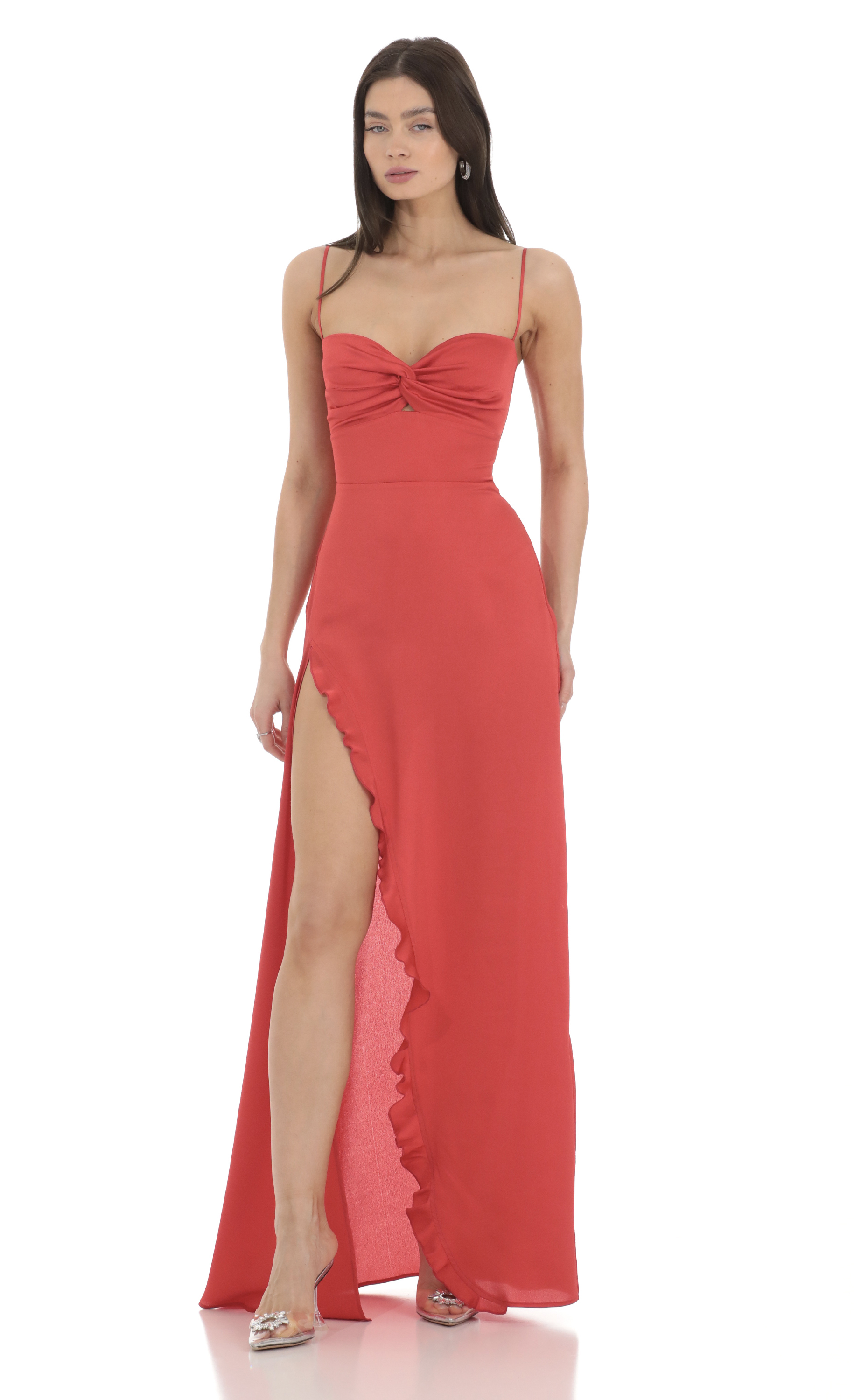 Satin Front Twist Strappy Maxi Dress in Red