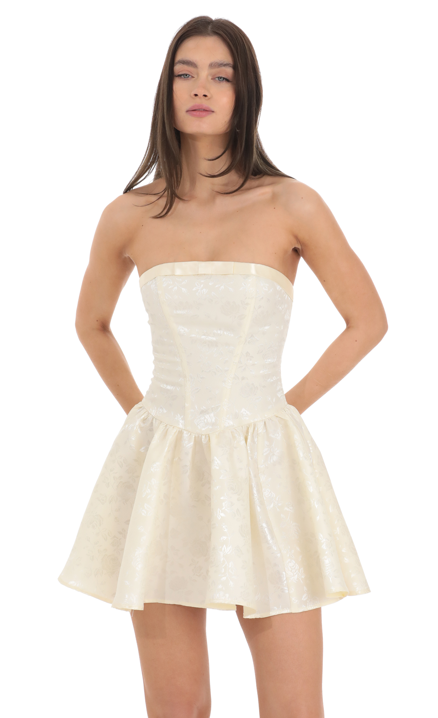 Jacquard Strapless Corset Dress in Pale Yellow
