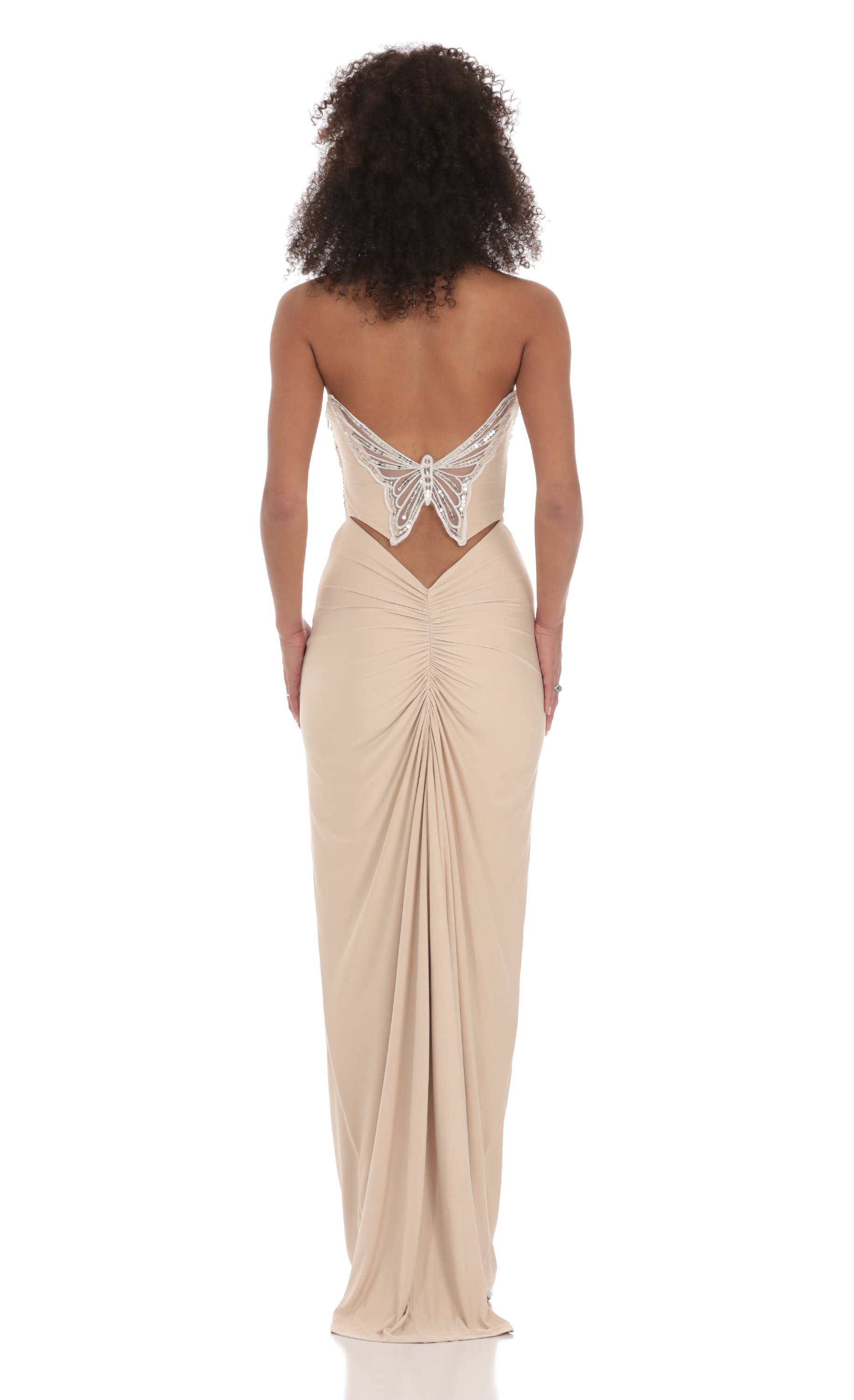 Strapless Corset Sequin Butterfly Maxi Dress in Beige