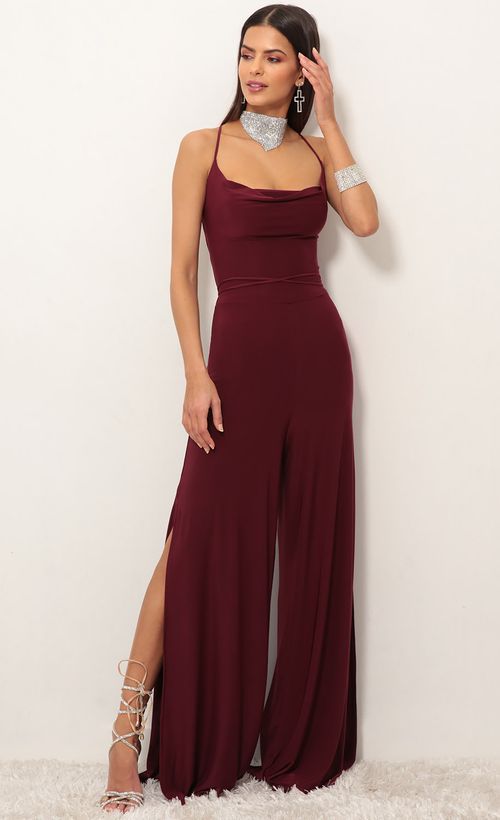Picture Eliana Cowl Neck Jumpsuit in Burgundy. Source: https://media.lucyinthesky.com/data/Jan19_1/500xAUTO/0Y5A9032.JPG