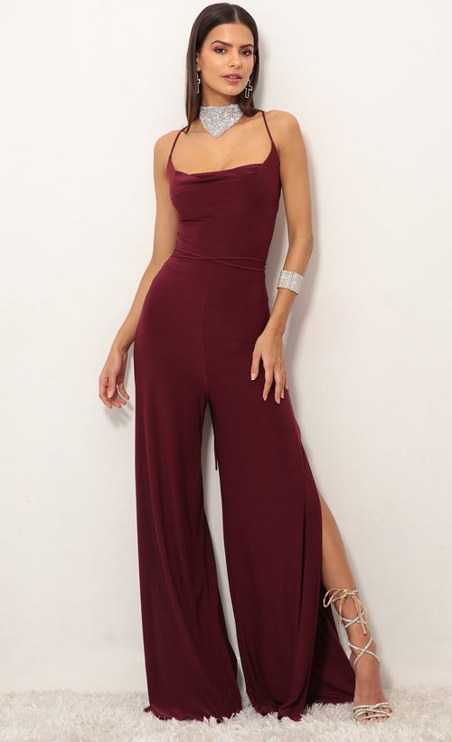Picture Eliana Cowl Neck Jumpsuit in Burgundy. Source: https://media.lucyinthesky.com/data/Jan19_1/500xAUTO/0Y5A9044.JPG