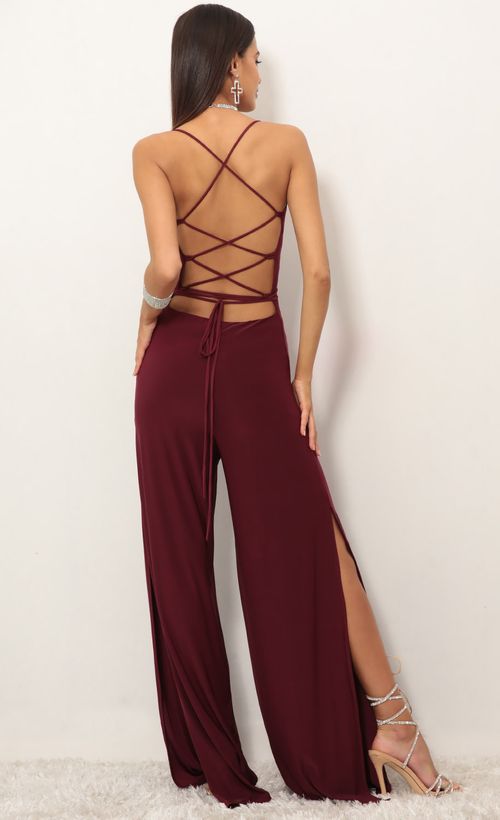 Picture Eliana Cowl Neck Jumpsuit in Burgundy. Source: https://media.lucyinthesky.com/data/Jan19_1/500xAUTO/0Y5A9072.JPG