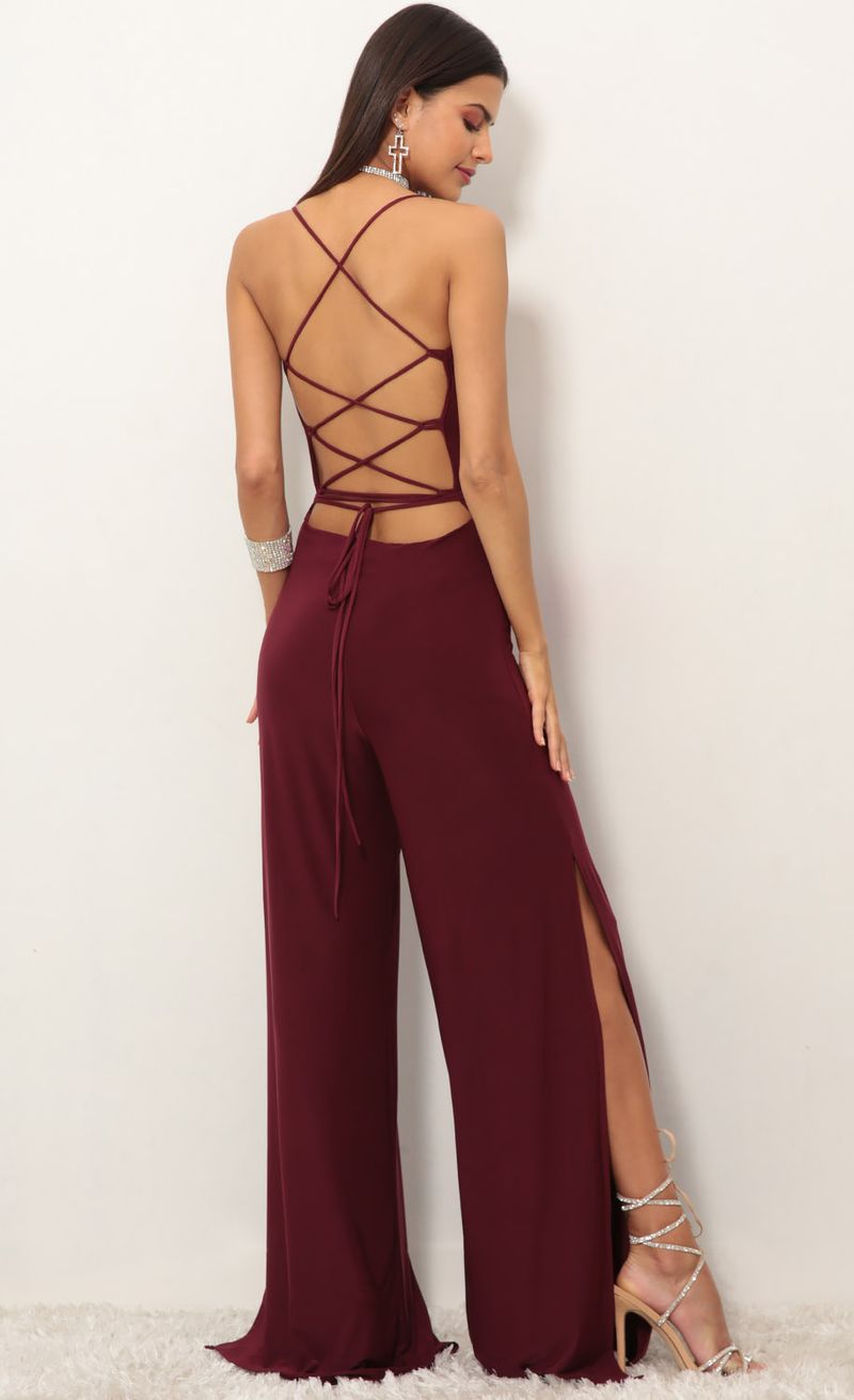 Picture Eliana Cowl Neck Jumpsuit in Burgundy. Source: https://media.lucyinthesky.com/data/Jan19_1/800xAUTO/0Y5A9079.JPG