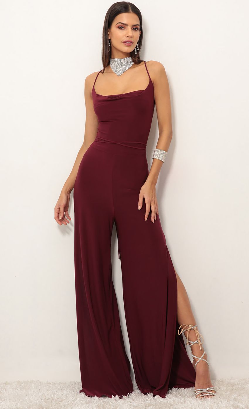 Picture Eliana Cowl Neck Jumpsuit in Burgundy. Source: https://media.lucyinthesky.com/data/Jan19_1/850xAUTO/0Y5A9044.JPG