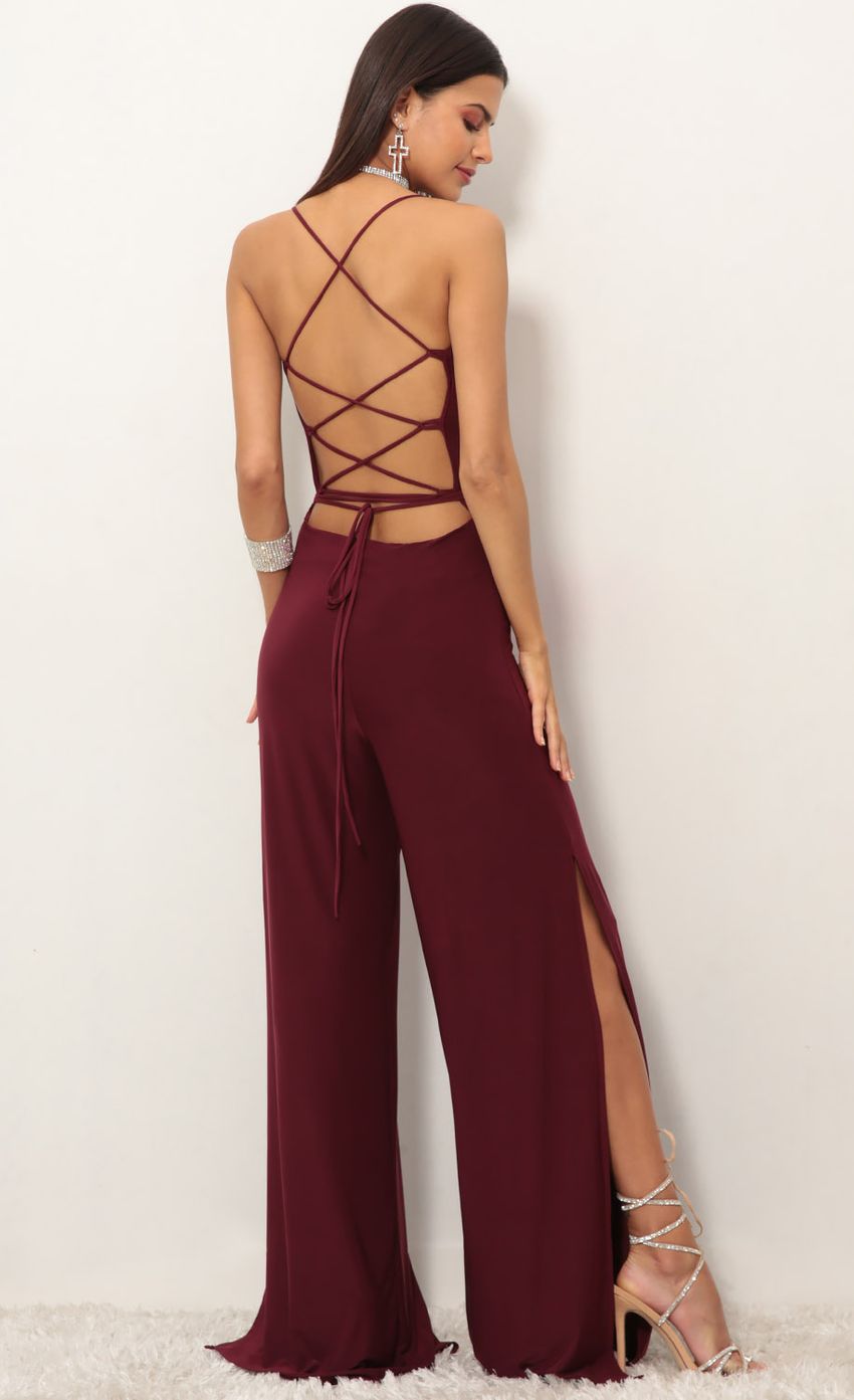 Picture Eliana Cowl Neck Jumpsuit in Burgundy. Source: https://media.lucyinthesky.com/data/Jan19_1/850xAUTO/0Y5A9079.JPG