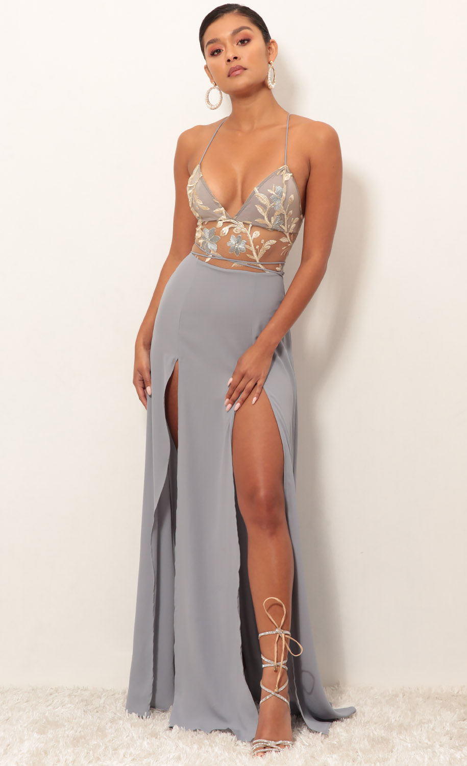 Loveable Gold Lace Maxi Dress in Grey