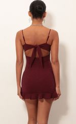 Picture Monroe Ruffle Dress In Burgundy Shimmer. Source: https://media.lucyinthesky.com/data/Jan19_2/150xAUTO/0Y5A3842.JPG