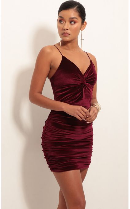 Party dresses > Talia Front Twist Dress in Wine Velvet