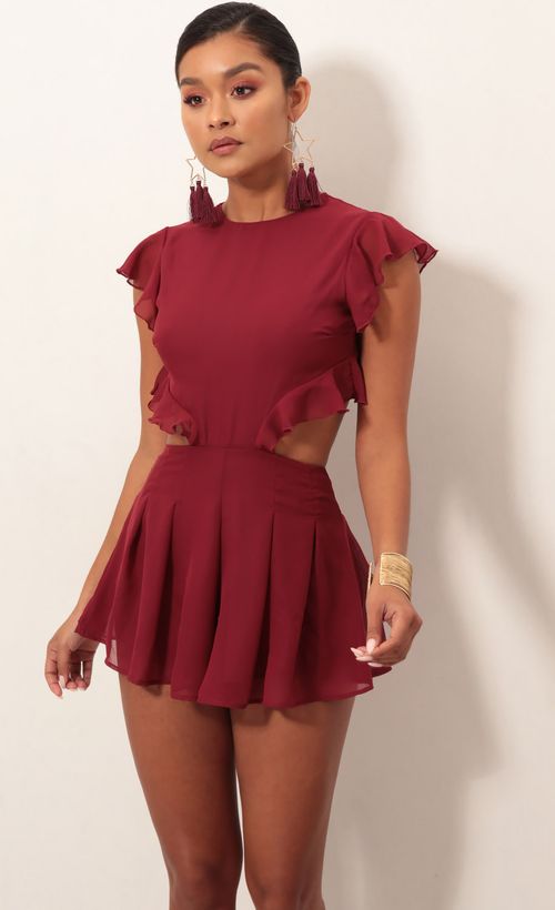 Picture Kara Cutout Romper in Maroon. Source: https://media.lucyinthesky.com/data/Jan19_2/500xAUTO/0Y5A2929S.JPG