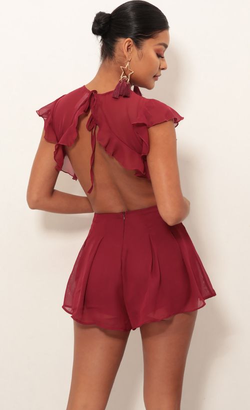 Picture Kara Cutout Romper in Maroon. Source: https://media.lucyinthesky.com/data/Jan19_2/500xAUTO/0Y5A2957.JPG