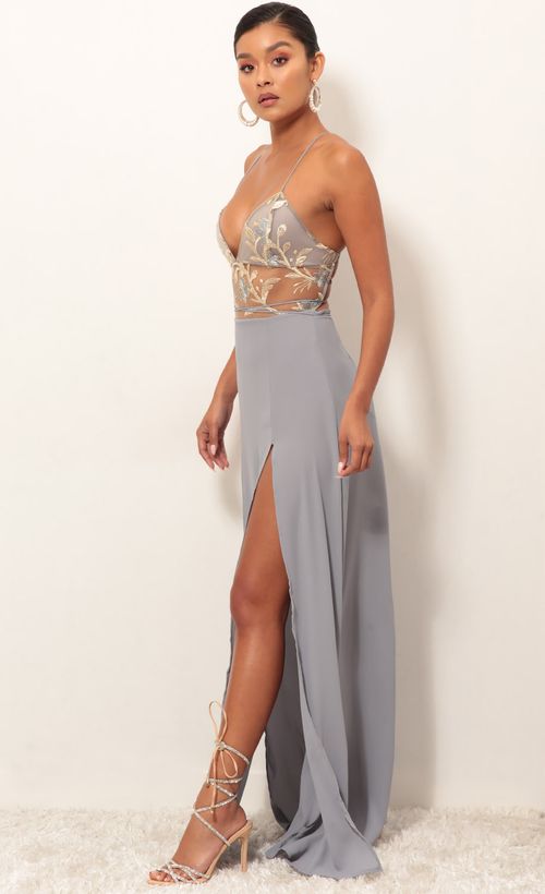 Picture Loveable Gold Lace Maxi Dress in Grey. Source: https://media.lucyinthesky.com/data/Jan19_2/500xAUTO/0Y5A3182.JPG