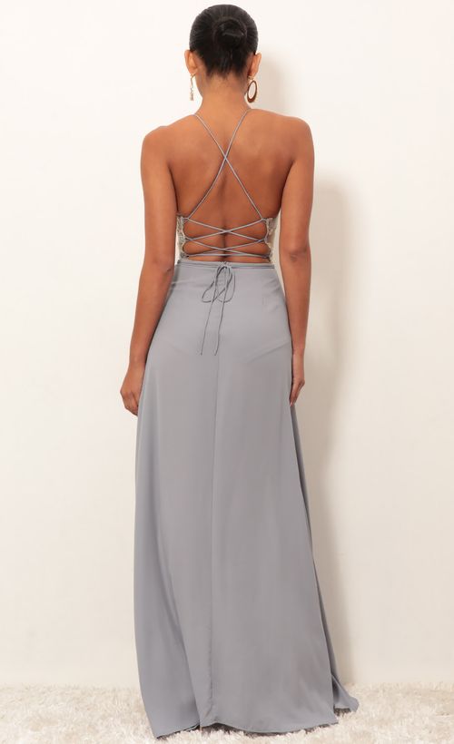 Picture Loveable Gold Lace Maxi Dress in Grey. Source: https://media.lucyinthesky.com/data/Jan19_2/500xAUTO/0Y5A3188.JPG
