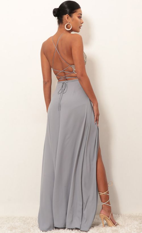 Picture Loveable Gold Lace Maxi Dress in Grey. Source: https://media.lucyinthesky.com/data/Jan19_2/500xAUTO/0Y5A3192.JPG