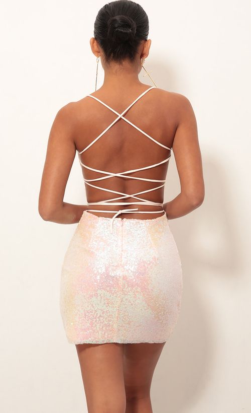 Picture Eli Party Sequin Dress in Pink Iridescent. Source: https://media.lucyinthesky.com/data/Jan19_2/500xAUTO/0Y5A4119.JPG