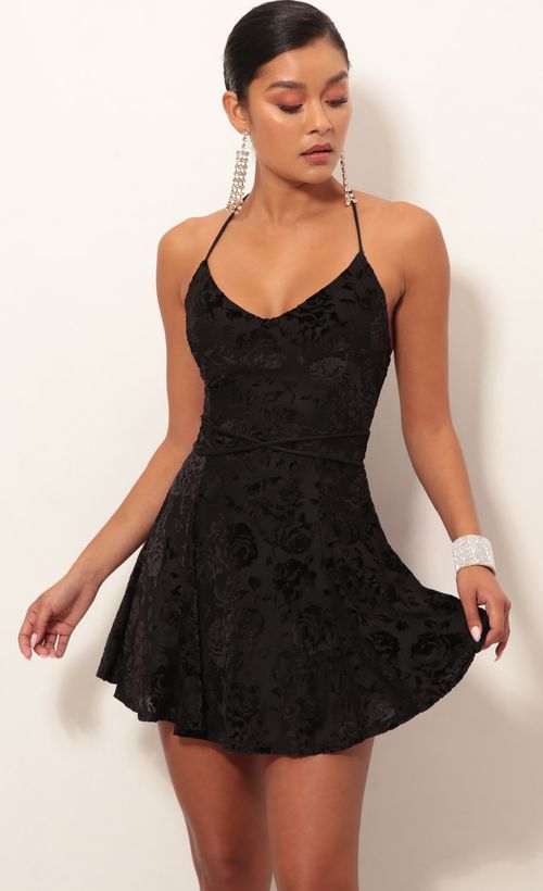 Picture Floral Burnout Velvet A-line Dress In Black. Source: https://media.lucyinthesky.com/data/Jan19_2/500xAUTO/0Y5A4543S.JPG