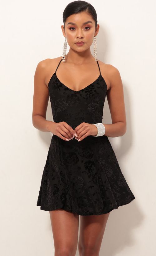Picture Floral Burnout Velvet A-line Dress In Black. Source: https://media.lucyinthesky.com/data/Jan19_2/500xAUTO/0Y5A4546.JPG