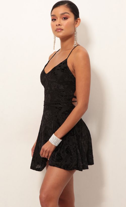 Picture Floral Burnout Velvet A-line Dress In Black. Source: https://media.lucyinthesky.com/data/Jan19_2/500xAUTO/0Y5A4571.JPG