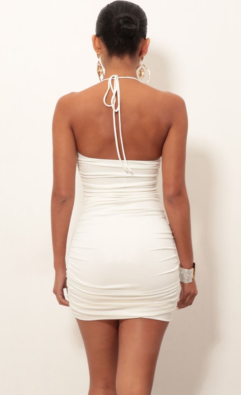 Picture Finest Hour Ruched Dress in Ivory Gold. Source: https://media.lucyinthesky.com/data/Jan19_2/800xAUTO/0Y5A2351.JPG