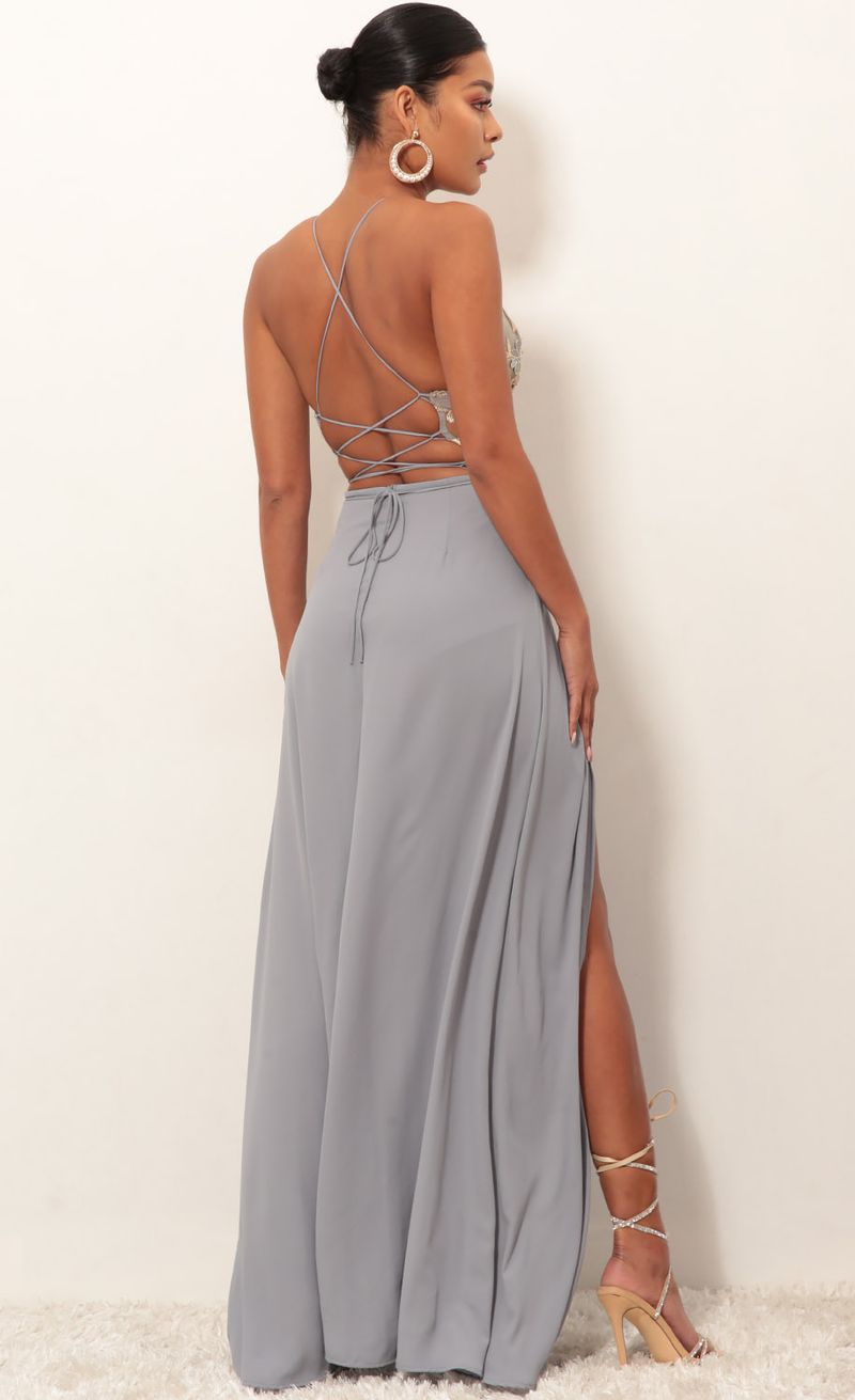 Lovable Gold Lace Maxi Dress in Grey LUCY IN THE SKY