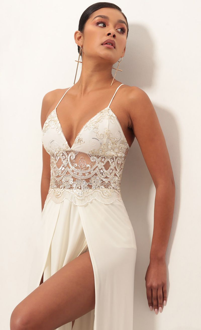 Picture Tulum Lace Maxi Dress in Ivory Gold. Source: https://media.lucyinthesky.com/data/Jan19_2/800xAUTO/0Y5A4078S.JPG