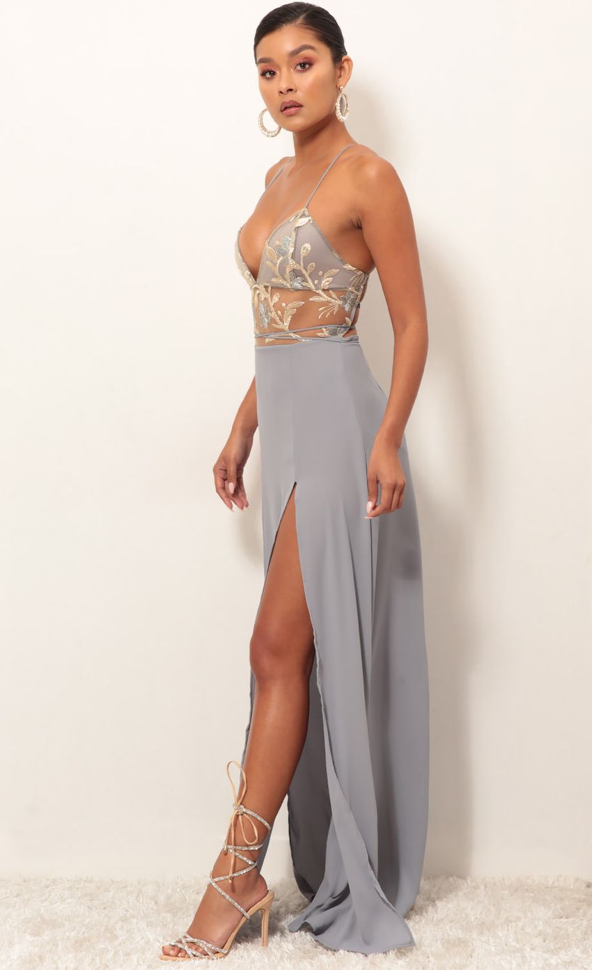 Picture Lovable Gold Lace Maxi Dress in Grey. Source: https://media.lucyinthesky.com/data/Jan19_2/850xAUTO/0Y5A3182.JPG