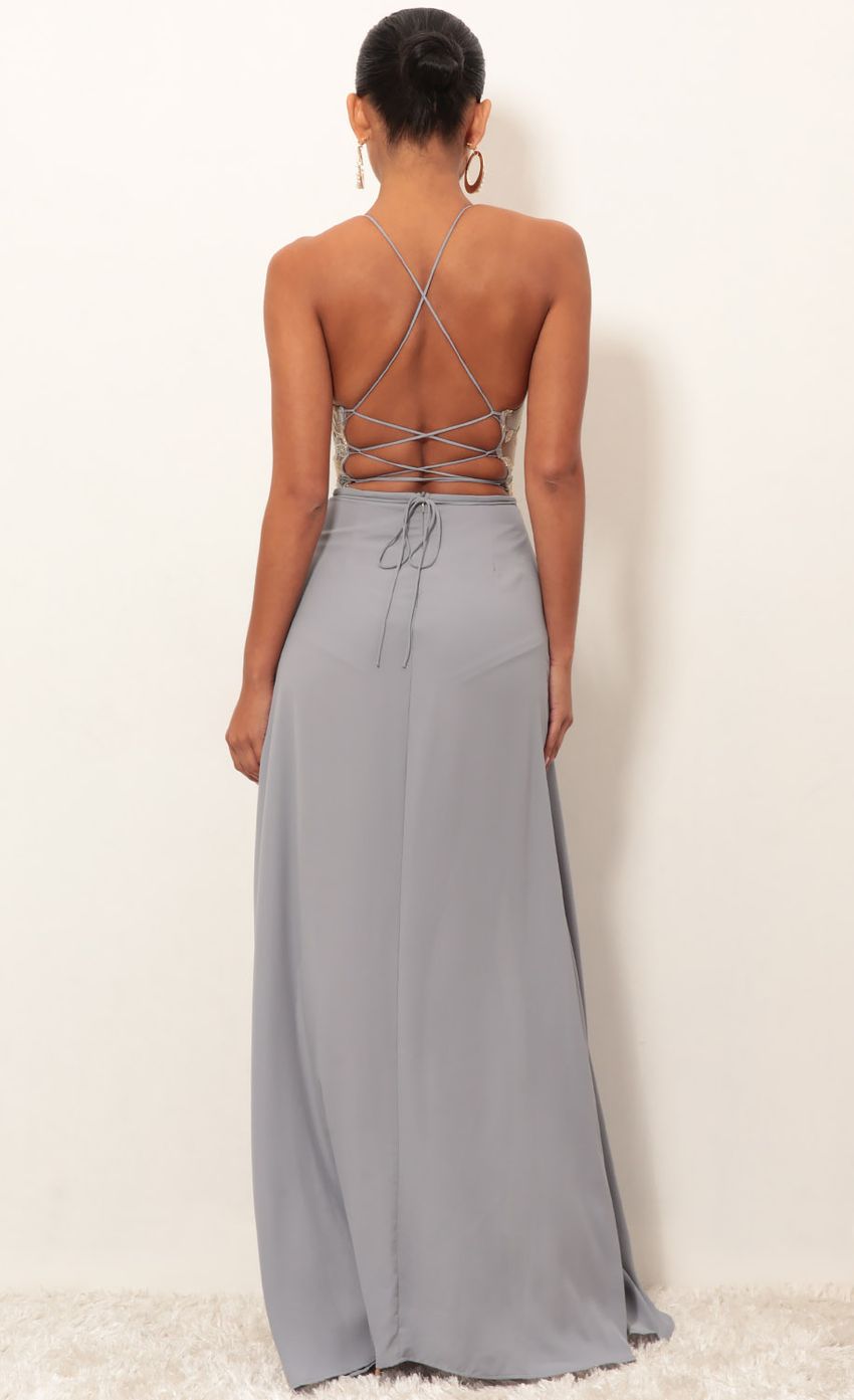 Picture Lovable Gold Lace Maxi Dress in Grey. Source: https://media.lucyinthesky.com/data/Jan19_2/850xAUTO/0Y5A3188.JPG