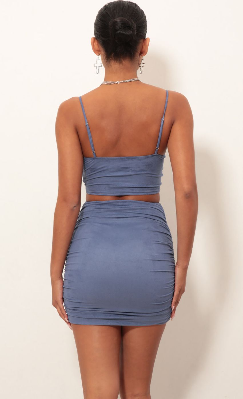 Picture Nila Front Twist Suede Set in Palace Blue. Source: https://media.lucyinthesky.com/data/Jan19_2/850xAUTO/0Y5A4414.JPG