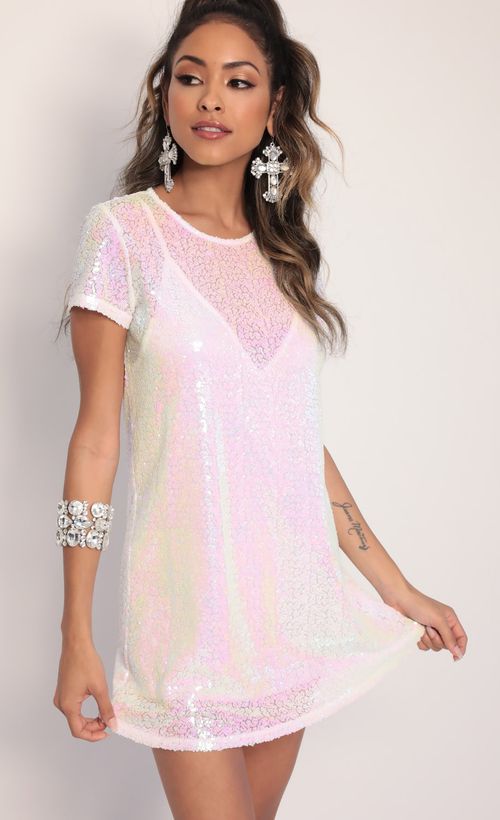 Picture Party Sequin Shift Dress in White Iridescence. Source: https://media.lucyinthesky.com/data/Jan20_1/500xAUTO/781A0188.JPG