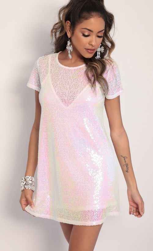 Picture Party Sequin Shift Dress in White Iridescence. Source: https://media.lucyinthesky.com/data/Jan20_1/500xAUTO/781A0200.JPG