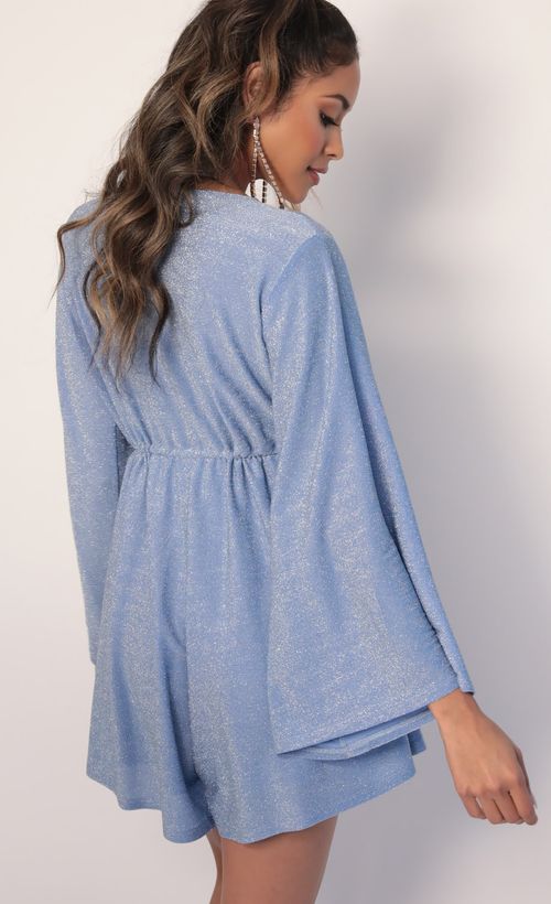 Picture Kadee Bell Sleeve Romper in Blue Shimmer. Source: https://media.lucyinthesky.com/data/Jan20_1/500xAUTO/781A0603.JPG