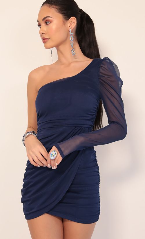 Picture Larissa Puff Sleeve Mesh Dress in Navy. Source: https://media.lucyinthesky.com/data/Jan20_1/500xAUTO/781A2538.JPG