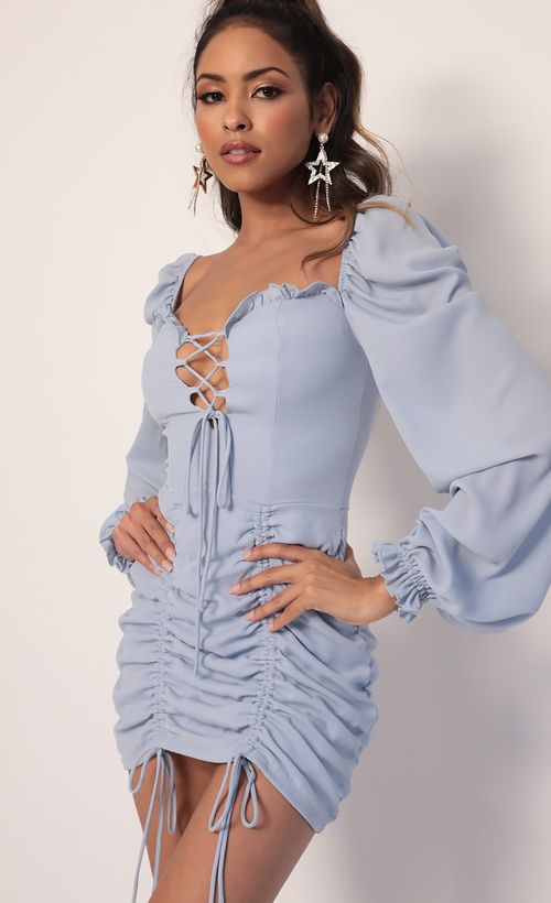Couture Puff Sleeve Dress in Dusty Blue