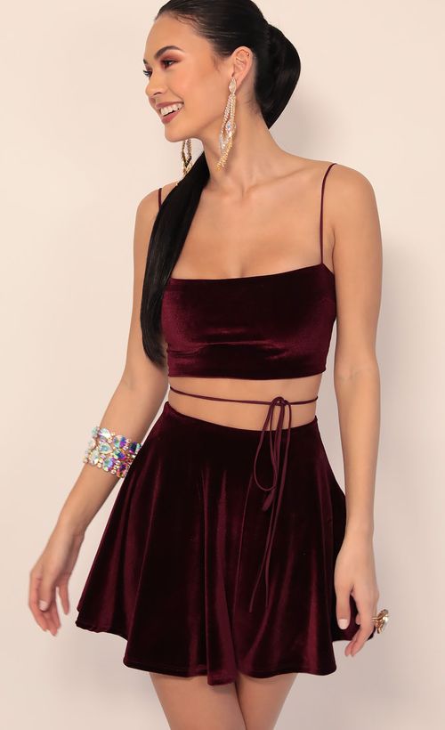 Picture Kyra Velvet A-line Set in Wine. Source: https://media.lucyinthesky.com/data/Jan20_1/500xAUTO/781A4738.JPG
