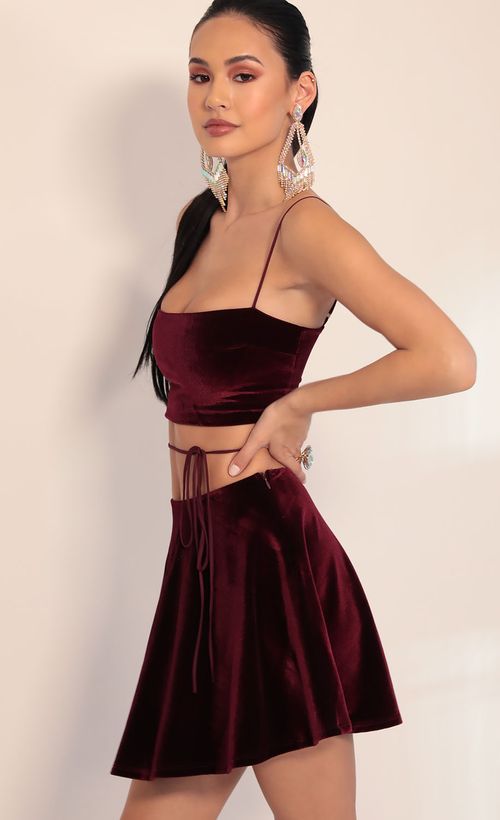 Picture Kyra Velvet A-line Set in Wine. Source: https://media.lucyinthesky.com/data/Jan20_1/500xAUTO/781A4793.JPG