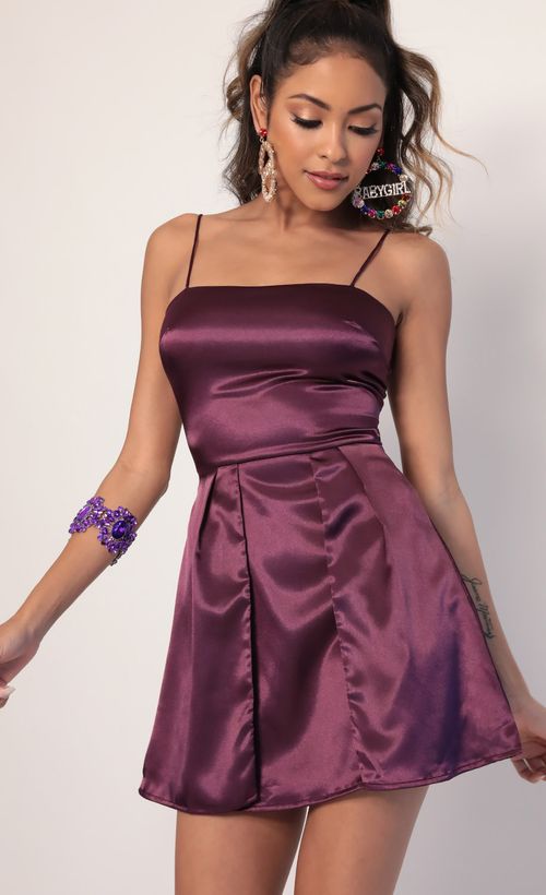Picture Gala High Slit Satin Dress in Plum. Source: https://media.lucyinthesky.com/data/Jan20_1/500xAUTO/781A9858.JPG