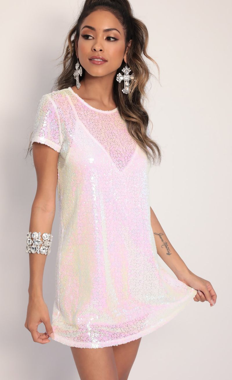 Picture Party Sequin Shift Dress in White Iridescence. Source: https://media.lucyinthesky.com/data/Jan20_1/800xAUTO/781A0188.JPG