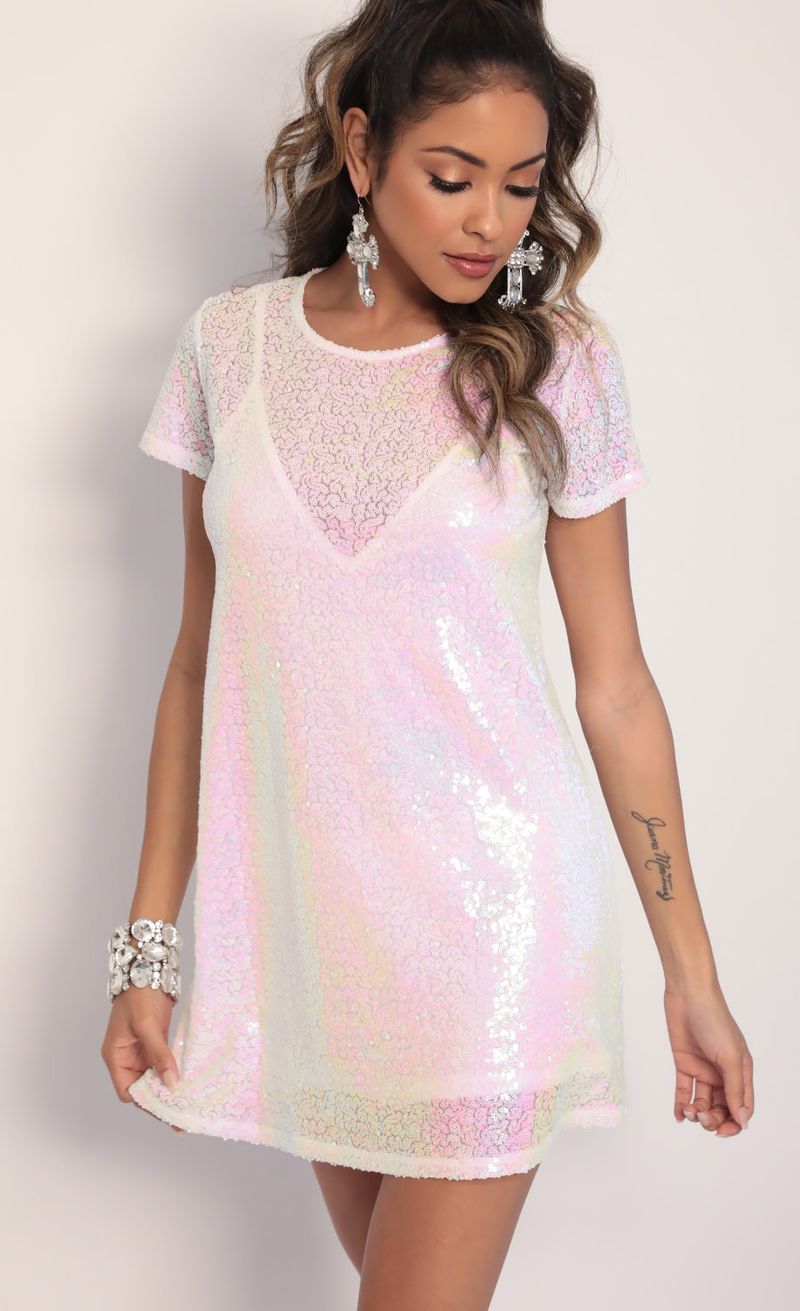 Picture Party Sequin Shift Dress in White Iridescence. Source: https://media.lucyinthesky.com/data/Jan20_1/800xAUTO/781A0200.JPG