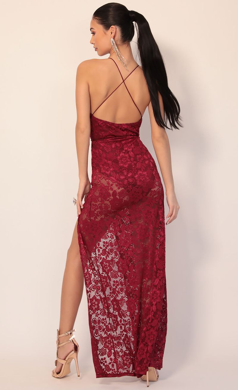 Picture Daniela Plunge Lace Maxi Dress in Wine. Source: https://media.lucyinthesky.com/data/Jan20_1/800xAUTO/781A3344.JPG