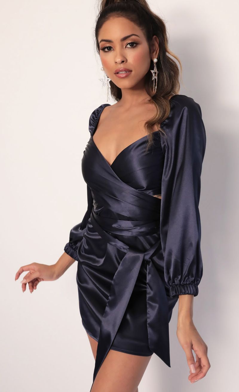Picture Miley Puff Sleeve Wrap Dress in Navy. Source: https://media.lucyinthesky.com/data/Jan20_1/800xAUTO/781A4370.JPG