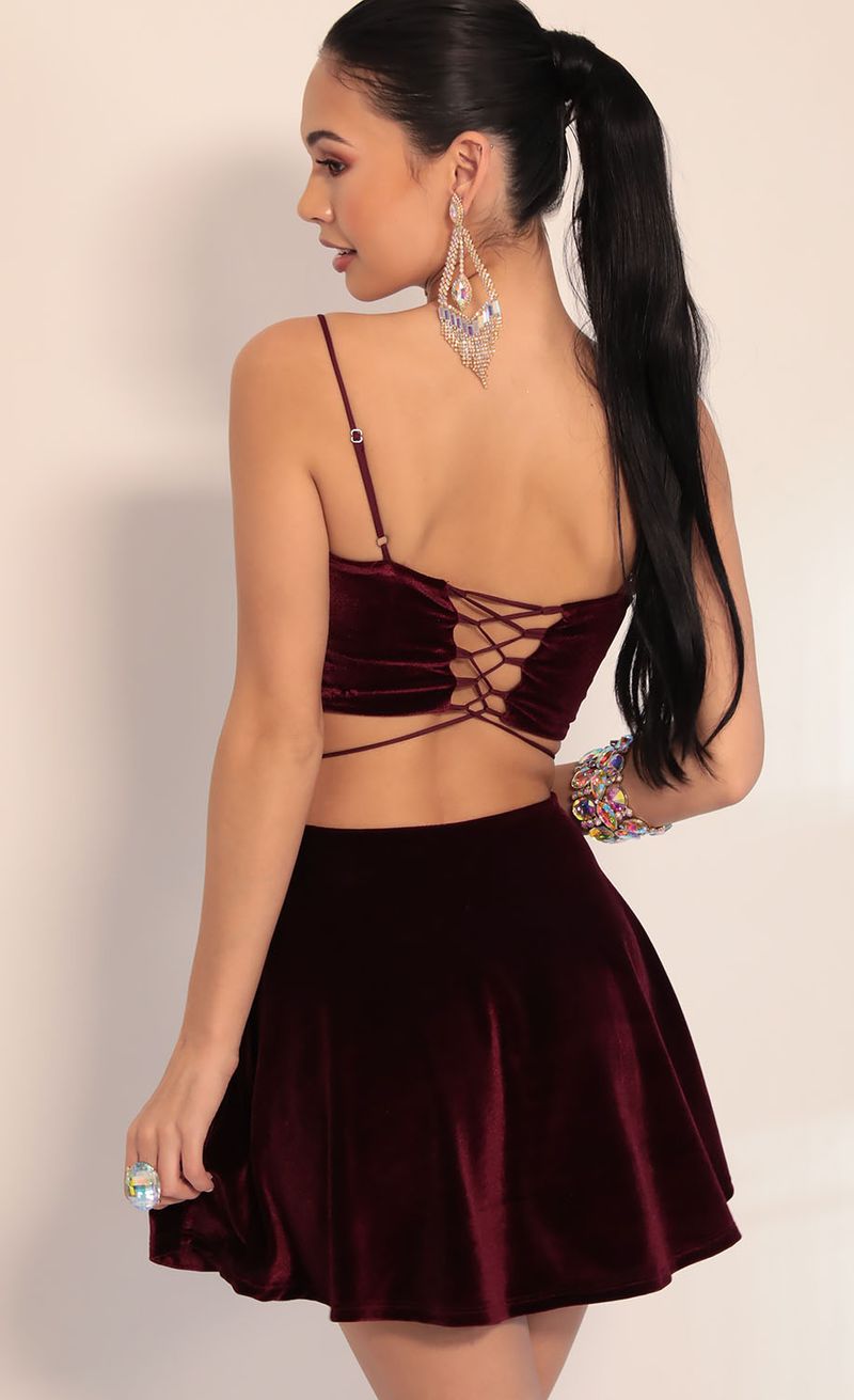 Picture Kyra Velvet A-line Set in Wine. Source: https://media.lucyinthesky.com/data/Jan20_1/800xAUTO/781A4818.JPG