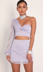 Picture Jasmine One Shoulder Puff Sleeve Set in Mauve Dots. Source: https://media.lucyinthesky.com/data/Jan20_2/150xAUTO/781A3193.JPG