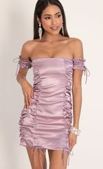 Picture Elaina Satin Mini Puff Dress in Dusty Lilac. Source: https://media.lucyinthesky.com/data/Jan20_2/150xAUTO/781A5025.JPG
