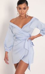 Picture Lorella Off Shoulder Wrap Dress in Mint. Source: https://media.lucyinthesky.com/data/Jan20_2/150xAUTO/781A7138.JPG