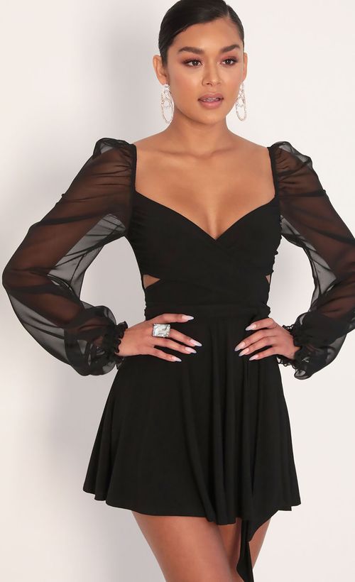 Party dresses > Aliah Puff Chiffon Wrap Dress in Black