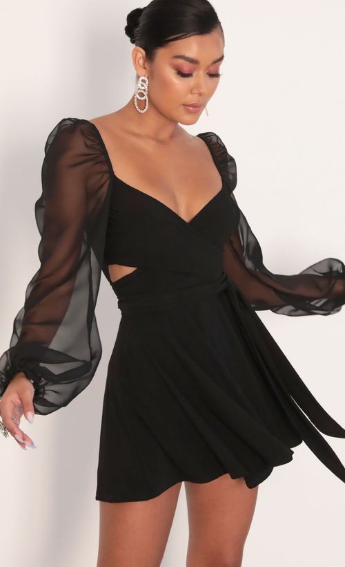 Picture Aliah Puff Chiffon Wrap Dress in Black. Source: https://media.lucyinthesky.com/data/Jan20_2/500xAUTO/781A7765.JPG