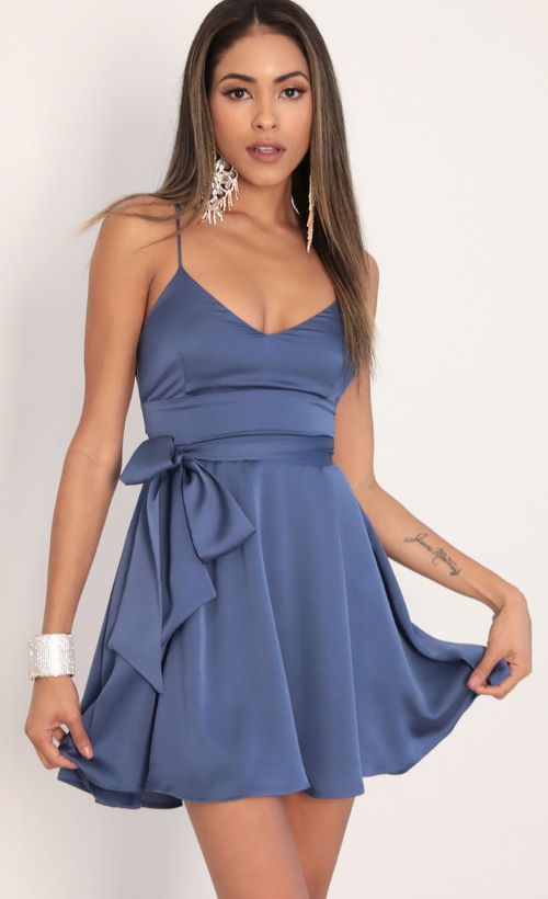 Picture Quinn Satin Tie A-line Dress in Palace Blue. Source: https://media.lucyinthesky.com/data/Jan20_2/500xAUTO/781A9635.JPG
