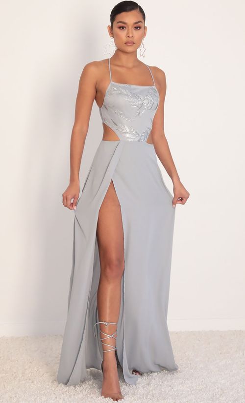 Picture Paris Silver Sequin Lace Maxi Dress in Grey. Source: https://media.lucyinthesky.com/data/Jan20_2/500xAUTO/781A9925.JPG